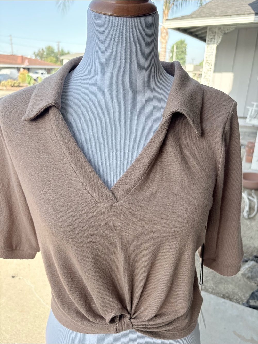 June and Hudson Women's Taupe V-Neck Tie-Front Top